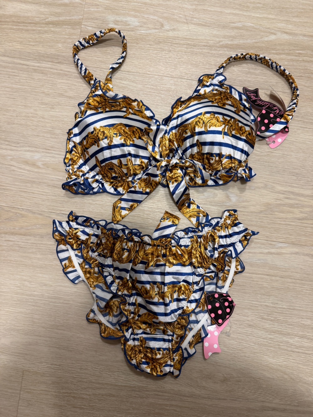 Peach John Navy, White & Gold Striped Underwear Bra Undie Set with Baroque Print